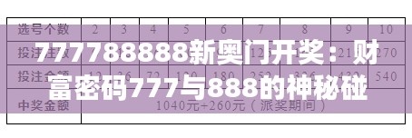 777788888新奥门开奖:财富密码777与888的神秘碰撞