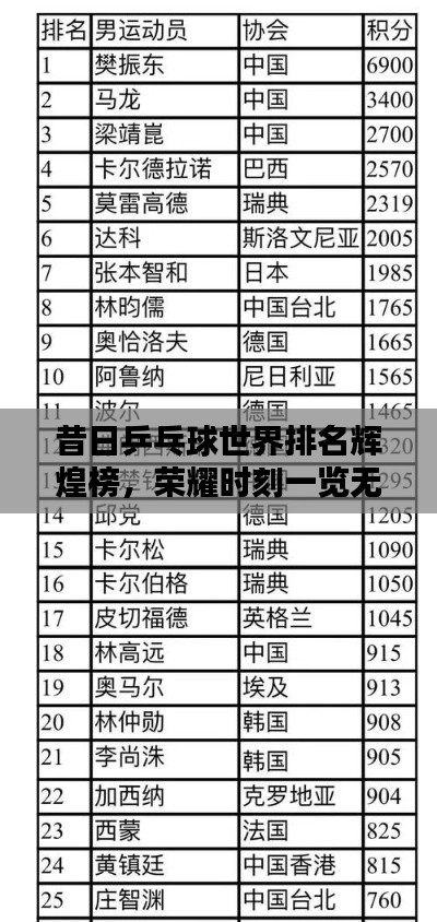 昔日乒乓球世界排名辉煌榜,荣耀时刻一览无余